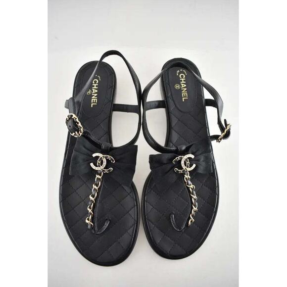 Chanel 20A Black Crystal Bow Lambskin CC Logo Mule Slide Flat Thong Sandal 39.5 - Picture 7 of 12